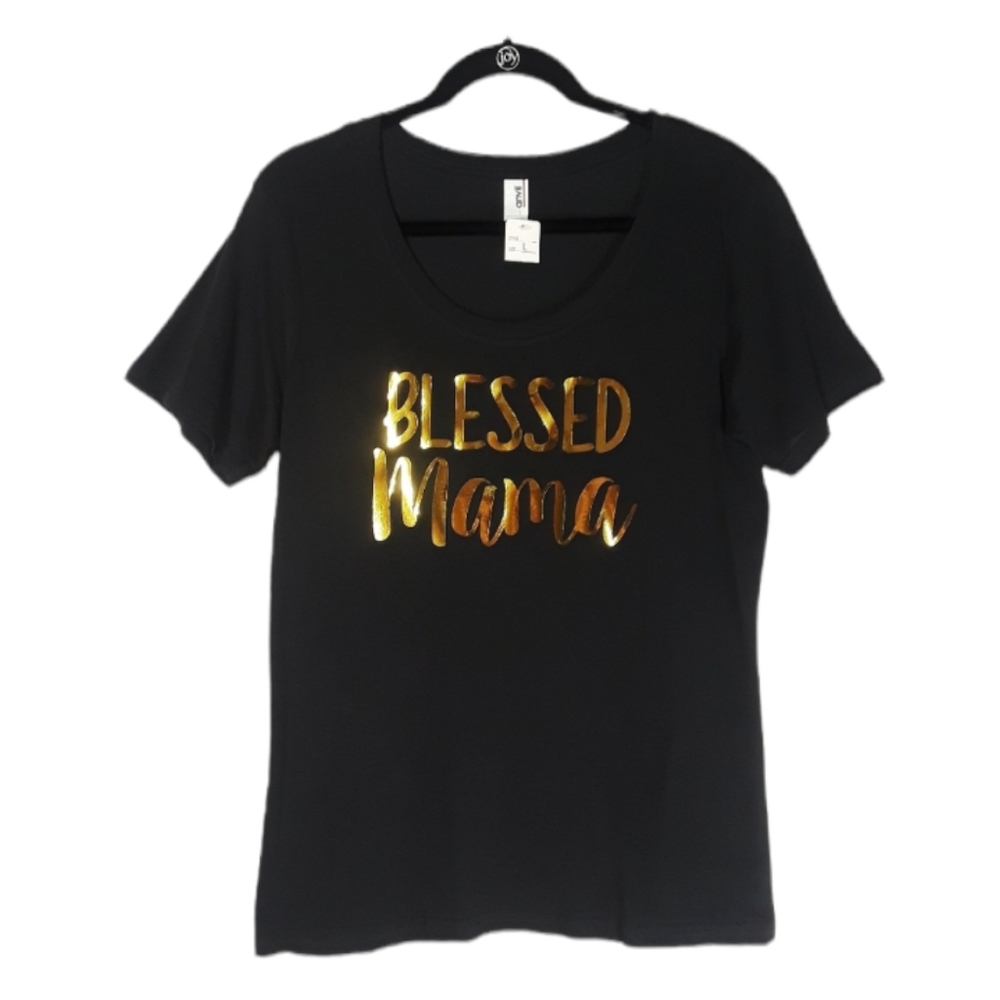 NWT Blessed Mama Gold Foil Metallic Quote Black Short Sleeve Large Top